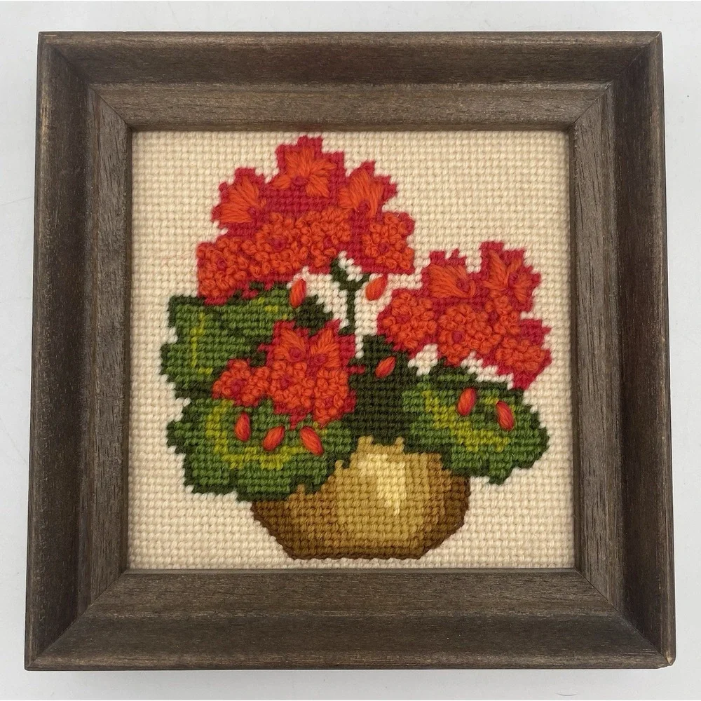 Vtg Floral Crewel Embroidery Framed Wall Art 6 x 6 Cottagecore Red Geraniums MCM
